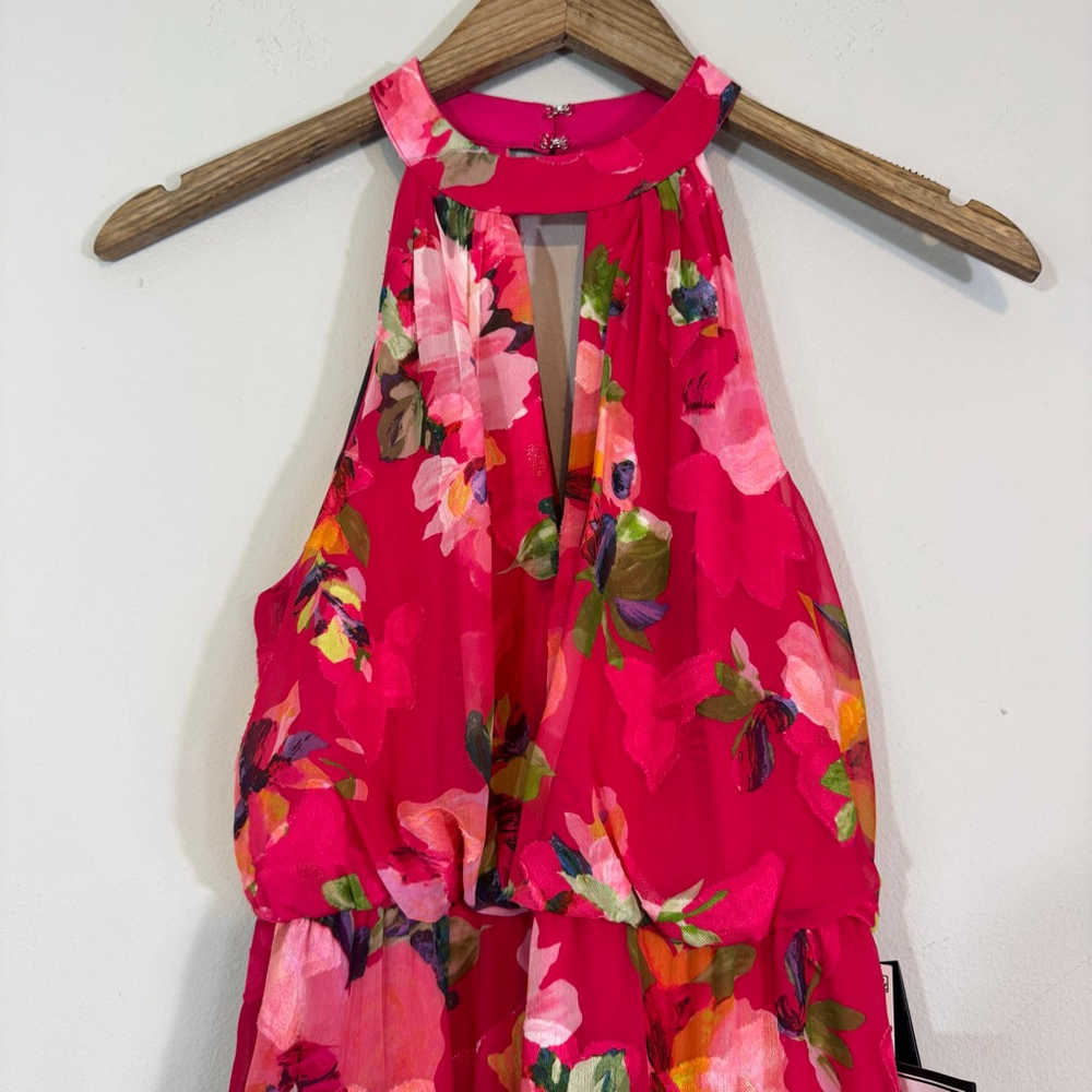 ADRIANNA PAPELL Floral Chiffon Ruffle Mermaid Cocktail Dress Pink Multi Size 2P - Picture 4 of 10